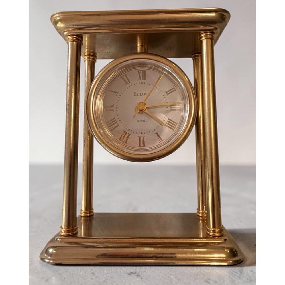 VTG Bulova Quartz Gold Brass Desk Mantel Clock Roman Numerals WORKS Taiwan